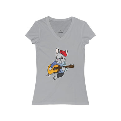 Singing French Bulldog Women's Jersey Short Sleeve V-Neck Tee