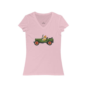 Eugene Jeep in a Jeep Women's Jersey Short Sleeve V-Neck Tee