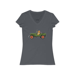 Eugene Jeep in a Jeep Women's Jersey Short Sleeve V-Neck Tee