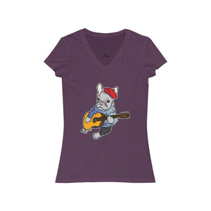 Singing French Bulldog Women's Jersey Short Sleeve V-Neck Tee