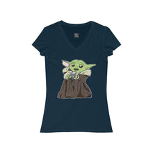 Load image into Gallery viewer, Baby Yoda with Mandalorian Skull Women&#39;s Jersey Short Sleeve V-Neck Tee