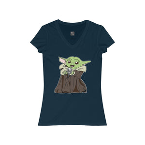 Baby Yoda with Mandalorian Skull Women's Jersey Short Sleeve V-Neck Tee