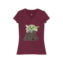 Load image into Gallery viewer, Baby Yoda with Mandalorian Skull Women&#39;s Jersey Short Sleeve V-Neck Tee