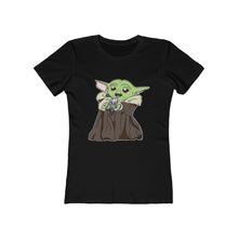 Load image into Gallery viewer, Baby Yoda with Mandalorian Skull Women&#39;s The Boyfriend Tee