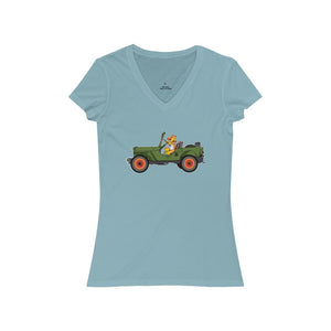 Eugene Jeep in a Jeep Women's Jersey Short Sleeve V-Neck Tee