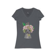 Load image into Gallery viewer, Pretty Pittie with Flower Crown Women&#39;s Jersey Short Sleeve V-Neck Tee