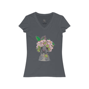 Pretty Pittie with Flower Crown Women's Jersey Short Sleeve V-Neck Tee