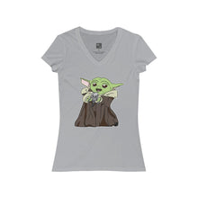 Load image into Gallery viewer, Baby Yoda with Mandalorian Skull Women&#39;s Jersey Short Sleeve V-Neck Tee