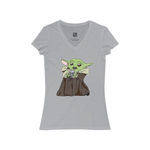 Baby Yoda with Mandalorian Skull Women's Jersey Short Sleeve V-Neck Tee