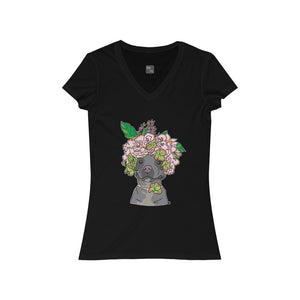 Pretty Pittie with Flower Crown Women's Jersey Short Sleeve V-Neck Tee