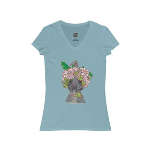 Pretty Pittie with Flower Crown Women's Jersey Short Sleeve V-Neck Tee