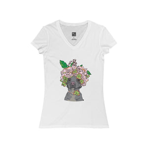 Pretty Pittie with Flower Crown Women's Jersey Short Sleeve V-Neck Tee