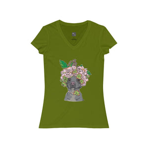 Pretty Pittie with Flower Crown Women's Jersey Short Sleeve V-Neck Tee