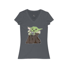 Load image into Gallery viewer, Baby Yoda with Mandalorian Skull Women&#39;s Jersey Short Sleeve V-Neck Tee