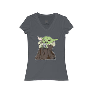 Baby Yoda with Mandalorian Skull Women's Jersey Short Sleeve V-Neck Tee