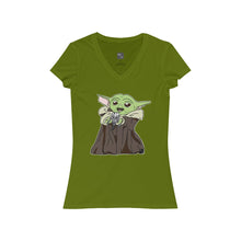 Load image into Gallery viewer, Baby Yoda with Mandalorian Skull Women&#39;s Jersey Short Sleeve V-Neck Tee