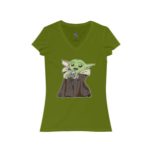 Baby Yoda with Mandalorian Skull Women's Jersey Short Sleeve V-Neck Tee