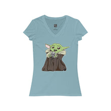 Load image into Gallery viewer, Baby Yoda with Mandalorian Skull Women&#39;s Jersey Short Sleeve V-Neck Tee