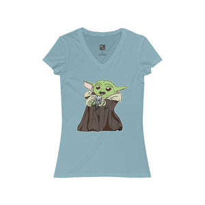 Baby Yoda with Mandalorian Skull Women's Jersey Short Sleeve V-Neck Tee