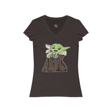 Load image into Gallery viewer, Baby Yoda with Mandalorian Skull Women&#39;s Jersey Short Sleeve V-Neck Tee