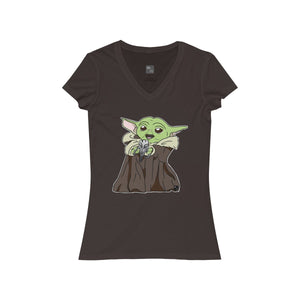 Baby Yoda with Mandalorian Skull Women's Jersey Short Sleeve V-Neck Tee