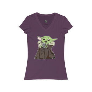 Baby Yoda with Mandalorian Skull Women's Jersey Short Sleeve V-Neck Tee