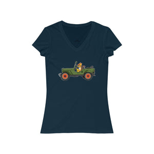 Eugene Jeep in a Jeep Women's Jersey Short Sleeve V-Neck Tee