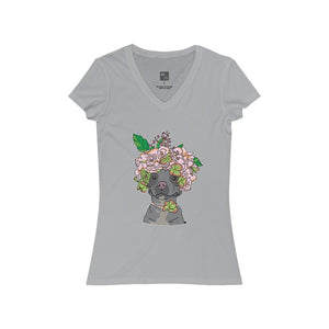 Pretty Pittie with Flower Crown Women's Jersey Short Sleeve V-Neck Tee