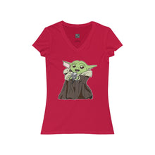 Load image into Gallery viewer, Baby Yoda with Mandalorian Skull Women&#39;s Jersey Short Sleeve V-Neck Tee