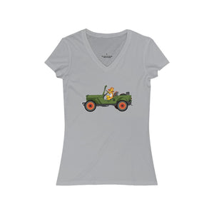 Eugene Jeep in a Jeep Women's Jersey Short Sleeve V-Neck Tee