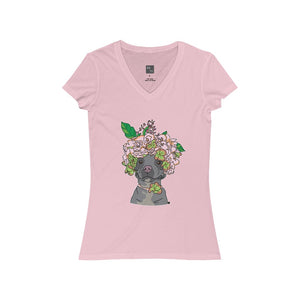 Pretty Pittie with Flower Crown Women's Jersey Short Sleeve V-Neck Tee