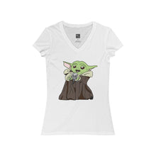 Load image into Gallery viewer, Baby Yoda with Mandalorian Skull Women&#39;s Jersey Short Sleeve V-Neck Tee