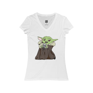 Baby Yoda with Mandalorian Skull Women's Jersey Short Sleeve V-Neck Tee