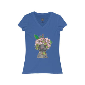 Pretty Pittie with Flower Crown Women's Jersey Short Sleeve V-Neck Tee