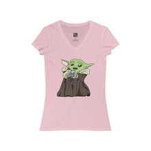 Load image into Gallery viewer, Baby Yoda with Mandalorian Skull Women&#39;s Jersey Short Sleeve V-Neck Tee