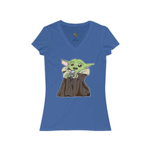 Load image into Gallery viewer, Baby Yoda with Mandalorian Skull Women&#39;s Jersey Short Sleeve V-Neck Tee