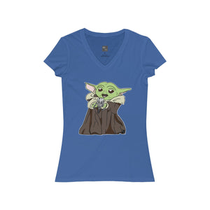 Baby Yoda with Mandalorian Skull Women's Jersey Short Sleeve V-Neck Tee