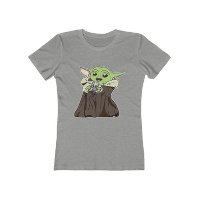 Baby Yoda with Mandalorian Skull Women's The Boyfriend Tee