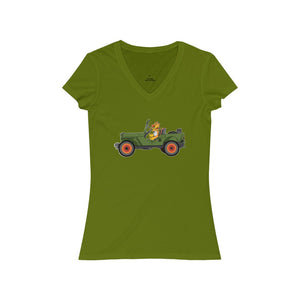 Eugene Jeep in a Jeep Women's Jersey Short Sleeve V-Neck Tee