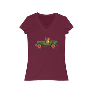 Eugene Jeep in a Jeep Women's Jersey Short Sleeve V-Neck Tee