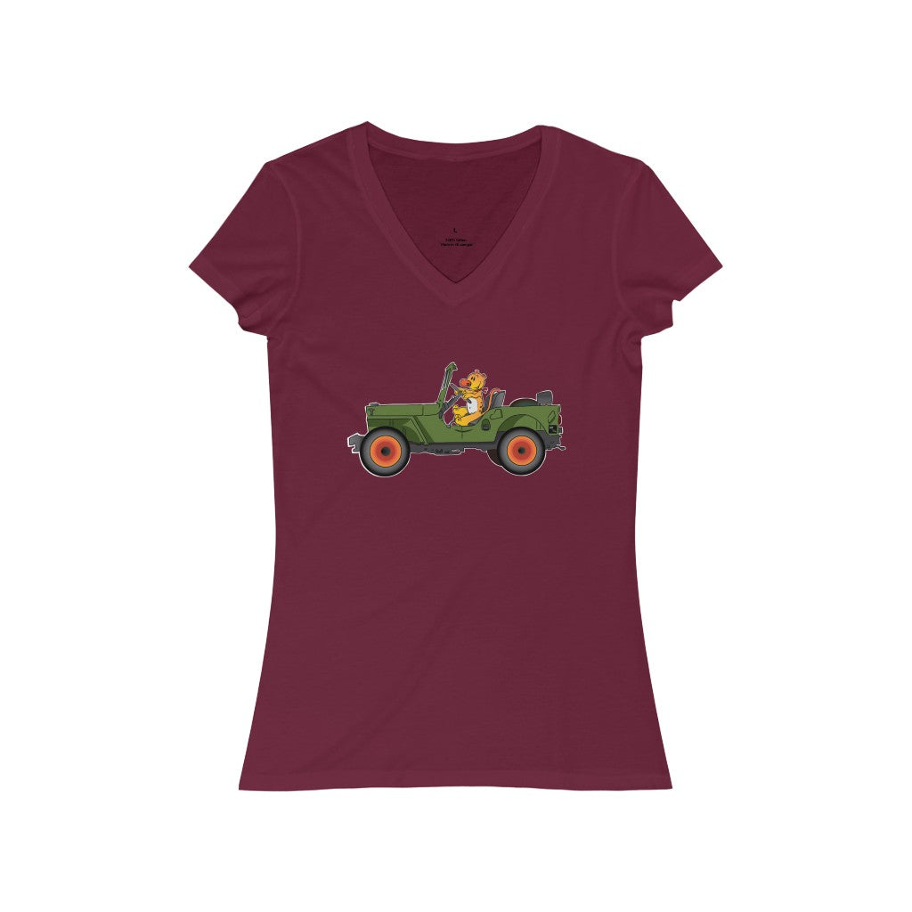 Eugene Jeep in a Jeep Women's Jersey Short Sleeve V-Neck Tee